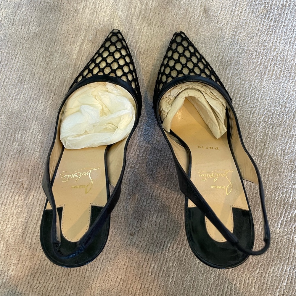 Christian Louboutin Black Leather And Mesh Miluna Slingback Sandals Size 37 - Picture 7 of 8